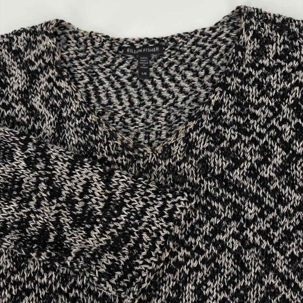 Eileen Fisher Womens L/G Black White Marled Cotton Blend V-Neck Knit Sweater